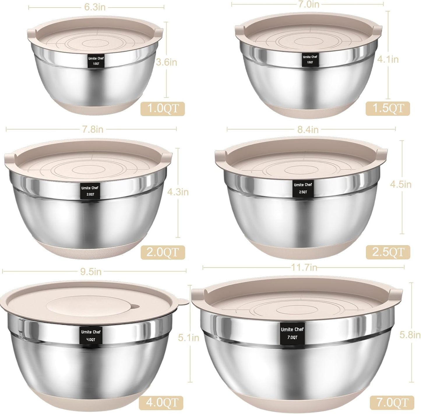26-Piece Stainless Steel Mixing Bowl Set with Airtight Lids, Built-in Graters & Non-Slip Base โ Includes 6 Sizes (1QT to 7QT) + Bonus Kitchen Tools