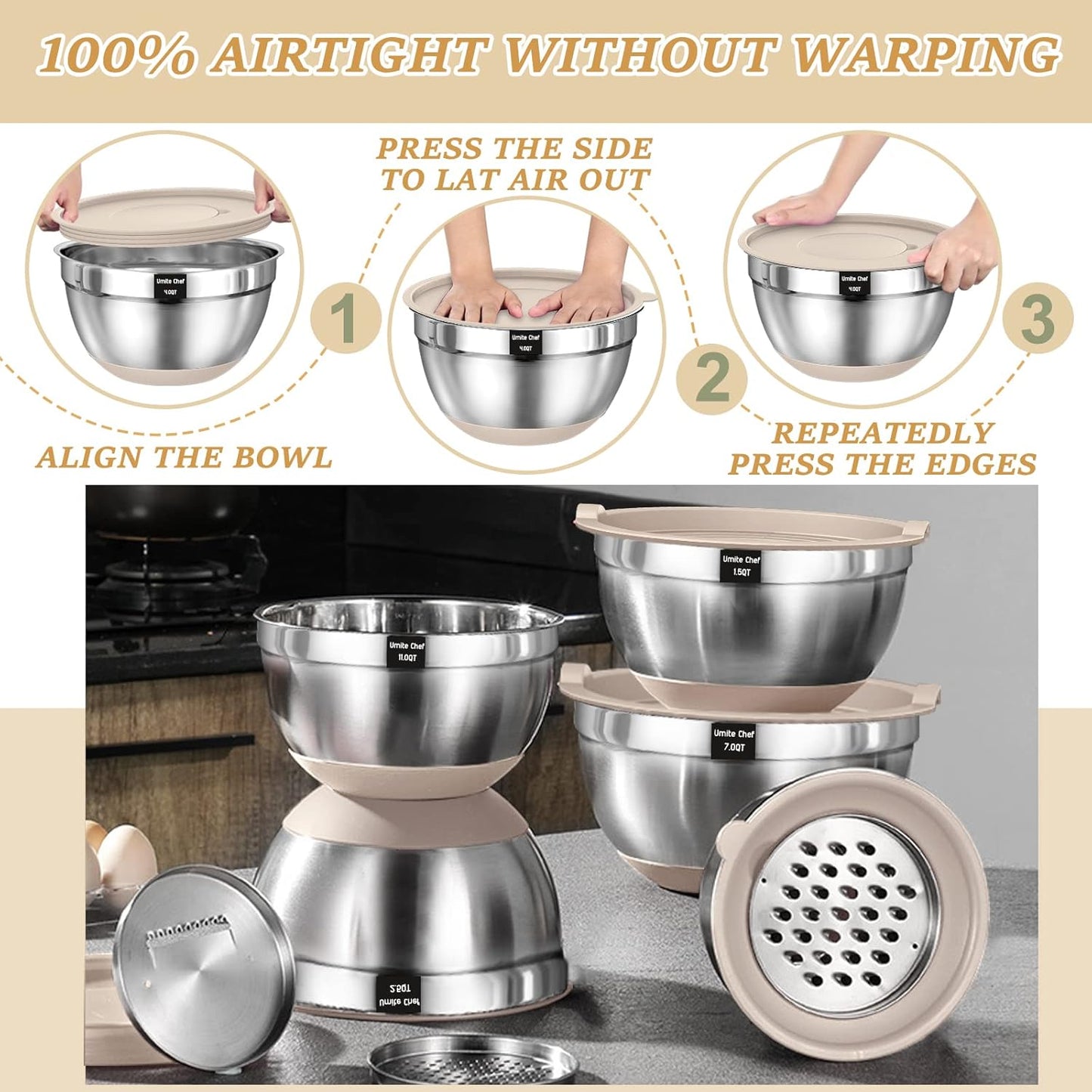 26-Piece Stainless Steel Mixing Bowl Set with Airtight Lids, Built-in Graters & Non-Slip Base โ Includes 6 Sizes (1QT to 7QT) + Bonus Kitchen Tools