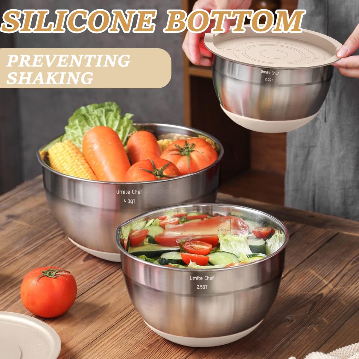 26-Piece Stainless Steel Mixing Bowl Set with Airtight Lids, Built-in Graters & Non-Slip Base โ Includes 6 Sizes (1QT to 7QT) + Bonus Kitchen Tools