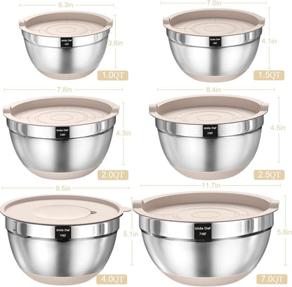 26-Piece Stainless Steel Mixing Bowl Set with Airtight Lids, Built-in Graters & Non-Slip Base – Includes 6 Sizes (1QT to 7QT) + Bonus Kitchen Tools