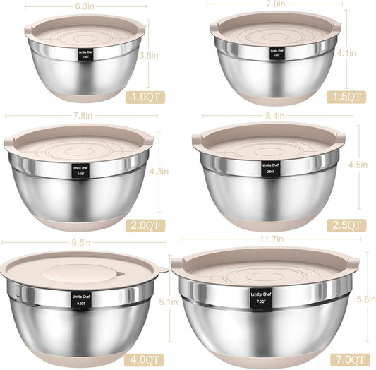 26-Piece Stainless Steel Mixing Bowl Set with Airtight Lids, Built-in Graters & Non-Slip Base – Includes 6 Sizes (1QT to 7QT) + Bonus Kitchen Tools