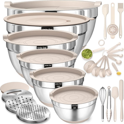 26-Piece Stainless Steel Mixing Bowl Set with Airtight Lids, Built-in Graters & Non-Slip Base – Includes 6 Sizes (1QT to 7QT) + Bonus Kitchen Tools