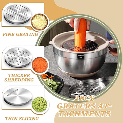 26-Piece Stainless Steel Mixing Bowl Set with Airtight Lids, Built-in Graters & Non-Slip Base – Includes 6 Sizes (1QT to 7QT) + Bonus Kitchen Tools